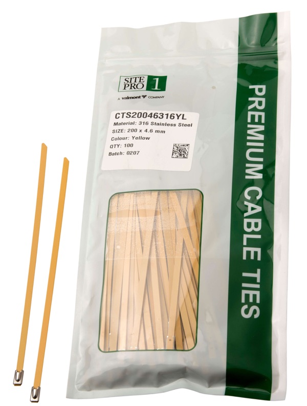 Cable Tie SS316 200x 4.6mm Yellow 100PK (Discontinued Clearance Stock Limited Availability)