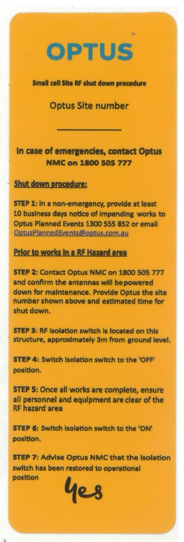 Small Cell Site RF Shutdown Procedure 170x55 Label