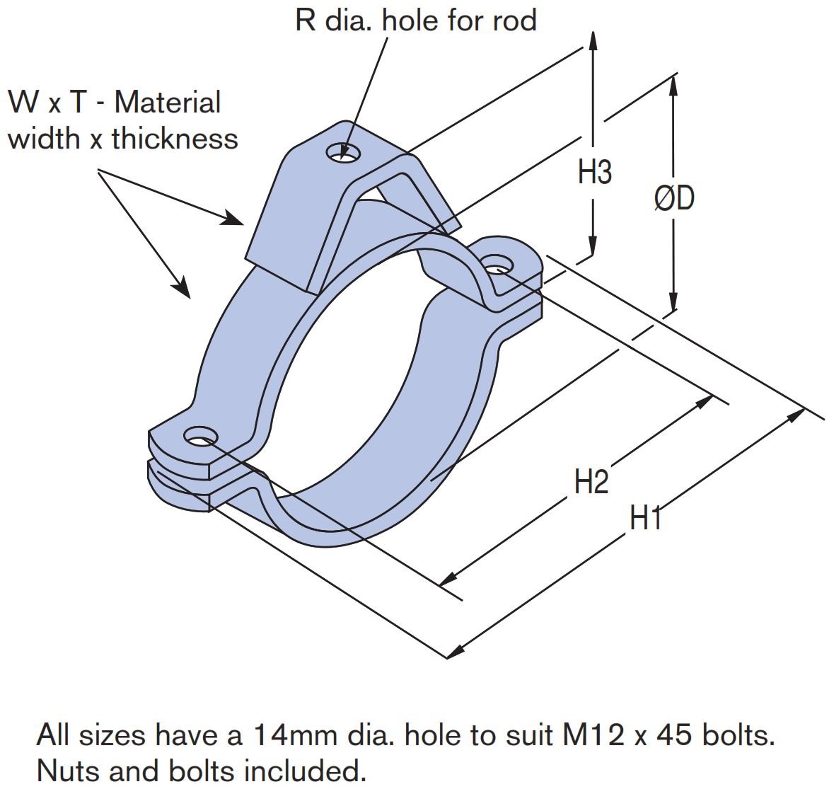 Pipe Clamp 2PC Unist HDG 76OD 170x130x88H 14R